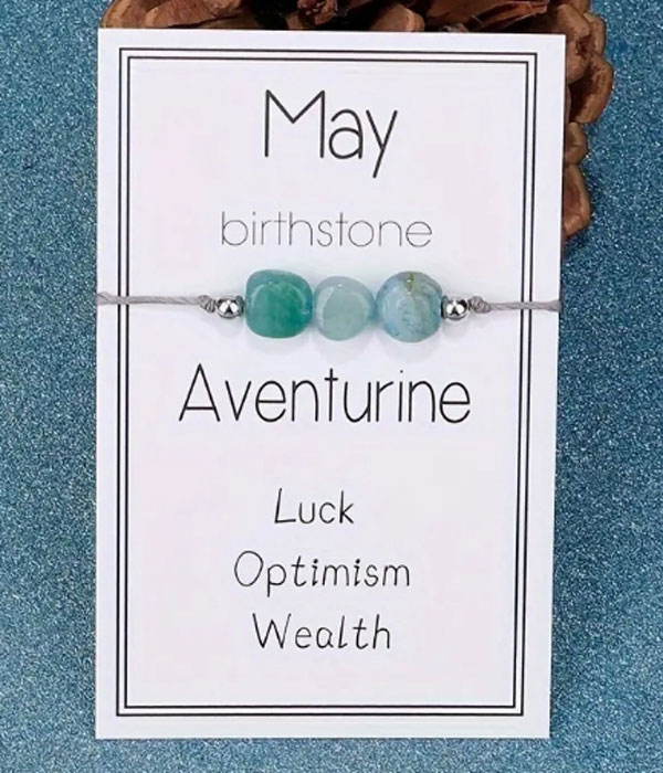 Natural birthstone woven bracelet with adjustable wish card -may
