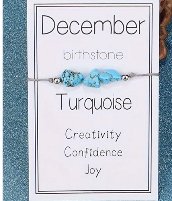 Natural birthstone woven bracelet with adjustable wish card -dec