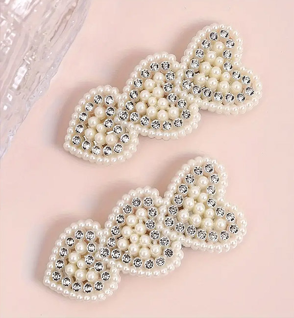2pcs sparkling rhinestone faux pearl heart hair pin