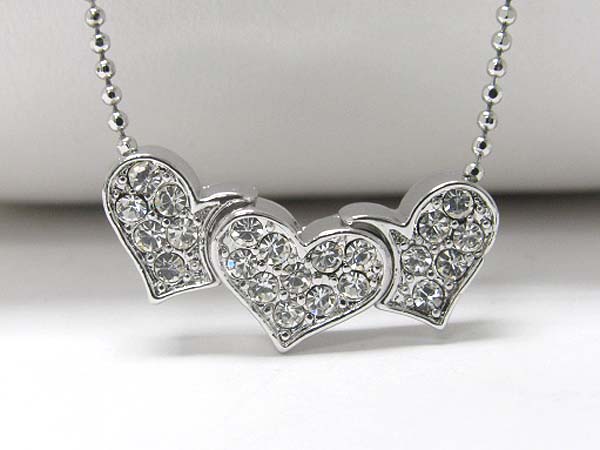 Made in korea whitegold plating crystal stud triple heart link necklace