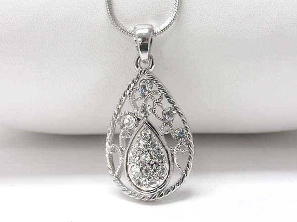 Made in korea whitegold plating crystal stud filigree tear drop pendant necklace