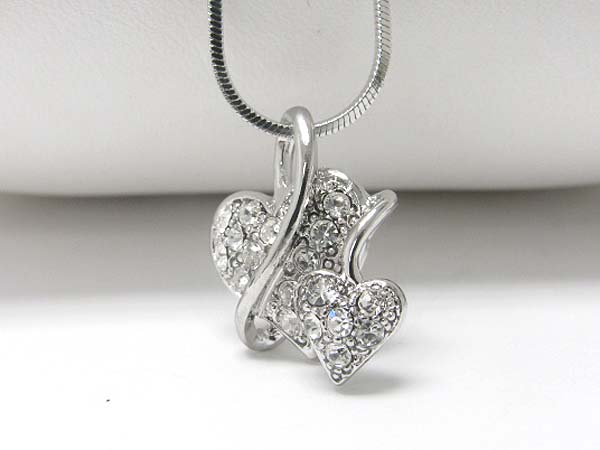 Made in korea whitegold plating crystal stud dual heart pendant necklace