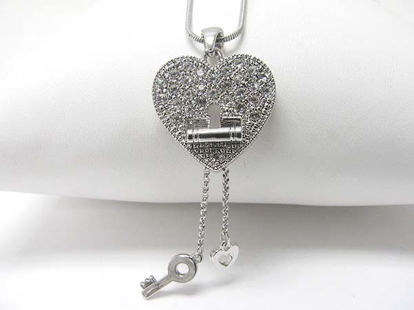 Made in korea whitegold plating crystal heart pendant and key drop necklace