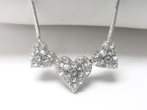 Made in korea whitegold plating crystal stud triple heart link necklace