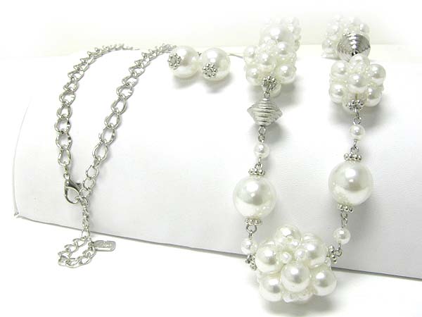 Pearl beads cluster link long necklace earring set