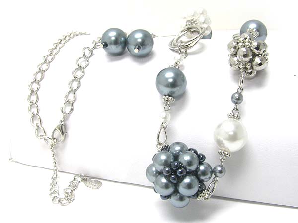 Pearl beads cluster link long necklace earring set