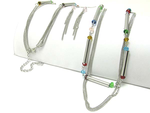 Facet glass and metal bar and chain link long necklace earring set