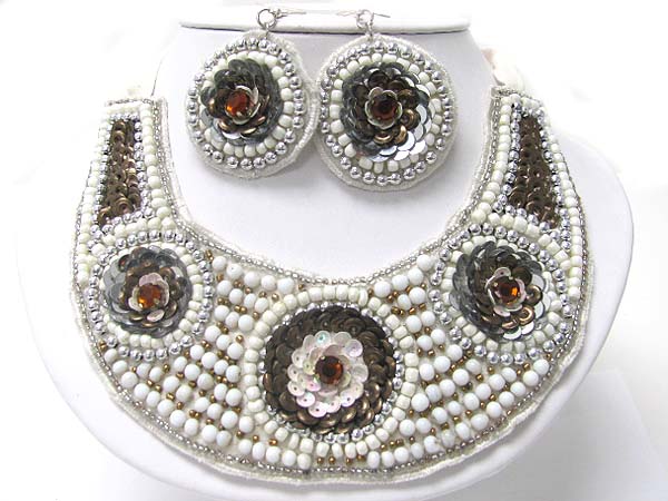 Seed beads and sequins deco bib style necklace earring set