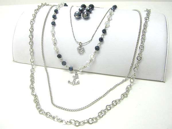 Anchor and heart pendant beads and metal chain long necklace earring set