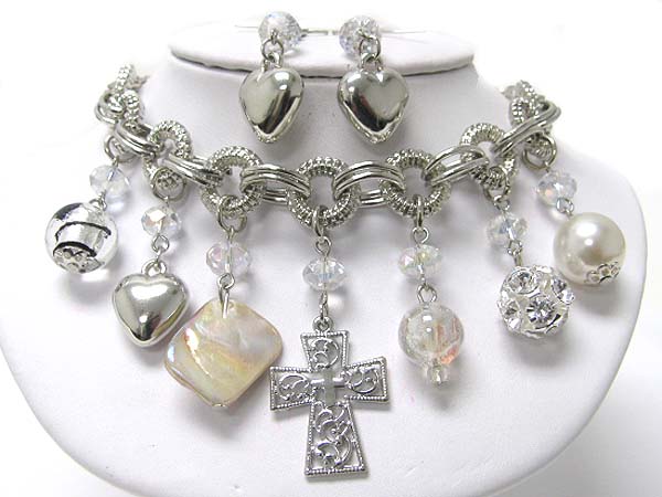 Mixed beads and cross heart drop necklace earring set