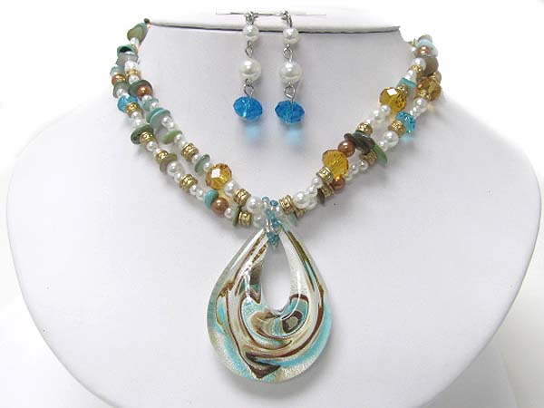 Murano glass pendant and mixed chip stone necklace earring set