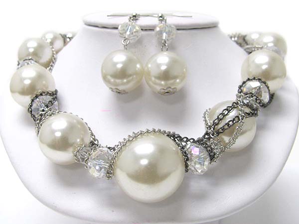 Pearl beads and facet glass chain tangle necklace earring set