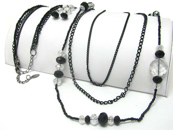 Facet glass stone accent long chain necklace earring set