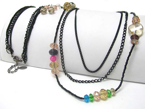 Facet glass stone accent long chain necklace earring set