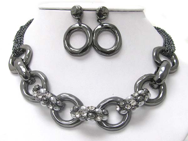 Crystal stud metal chain link necklace earring set