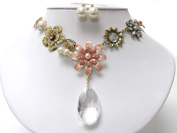 Facet glass tear drop enamel flower deco necklace earring set