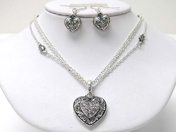 Crystal stud textured metal heart pendant necklace earring set