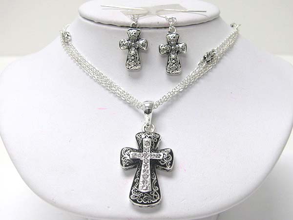 Crystal stud textured metal cross pendant necklace earring set