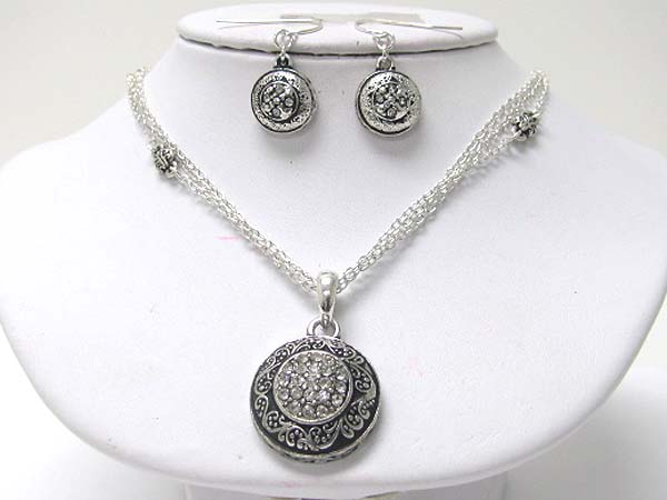 Crystal stud textured metal round pendant necklace earring set