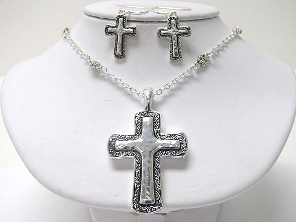 Textured and hammered metal cross pendant necklace earring set