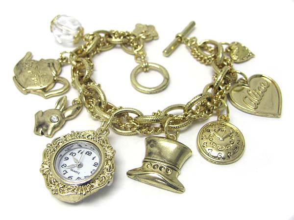 Multi alice in wonderland theme charm dangle watch bracelet