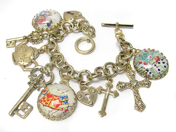 Crystal stud alice in wonderland theme charm dangle  toggle bracelet