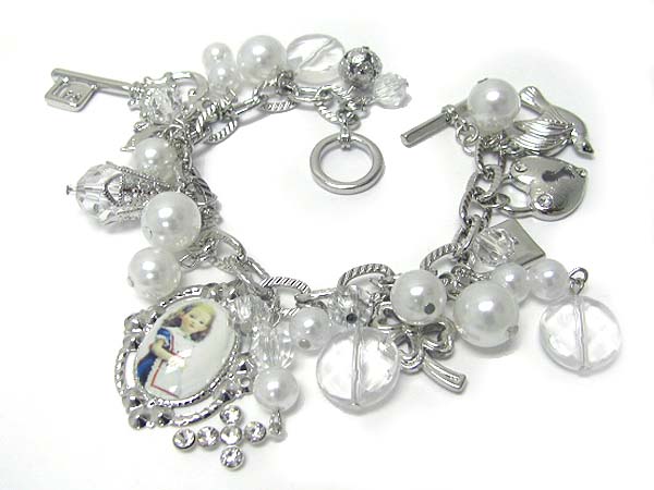 Crystal stud alice in wonderland theme charm and pearl ball dangle toggle bracelet