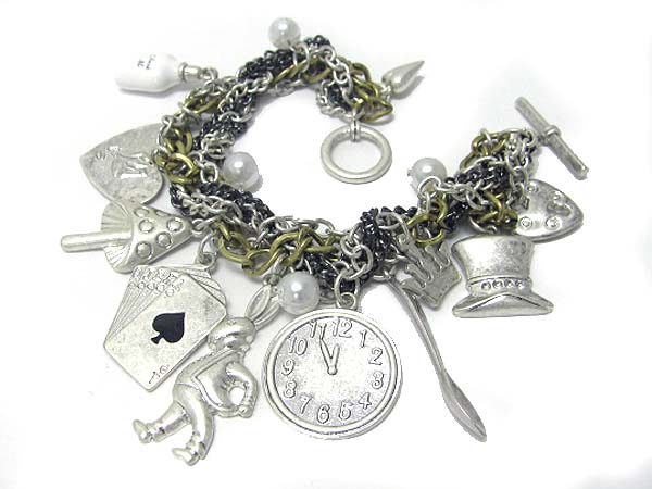 Alice in wonderland theme charm dangle multi chain bracelet