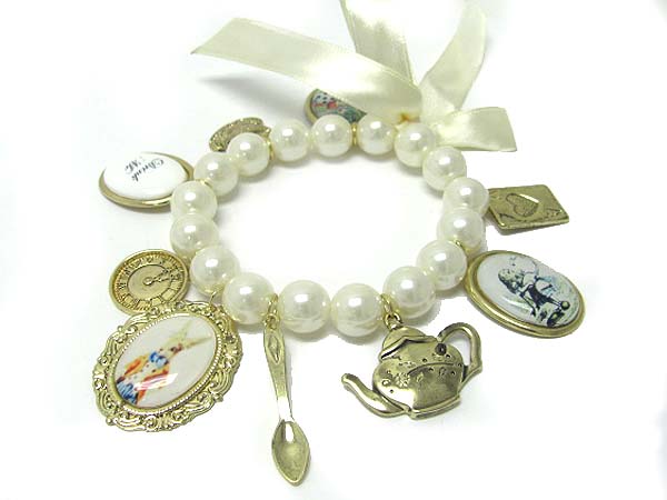 Alice in wonderland theme charm dangle stretch bracelet