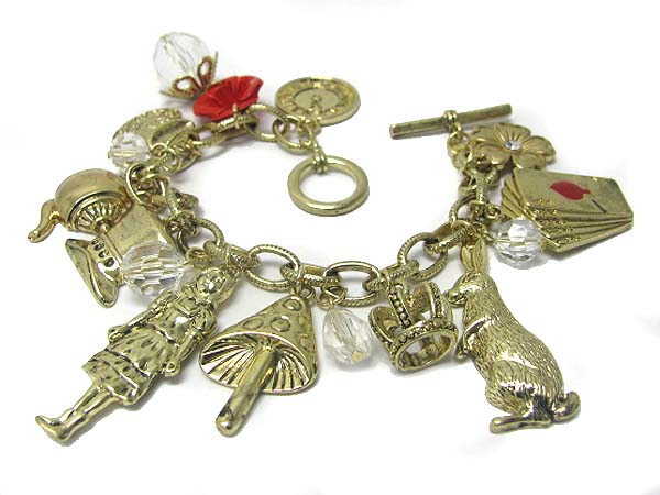 Alice in wonderland theme charm dangle toggle bracelet