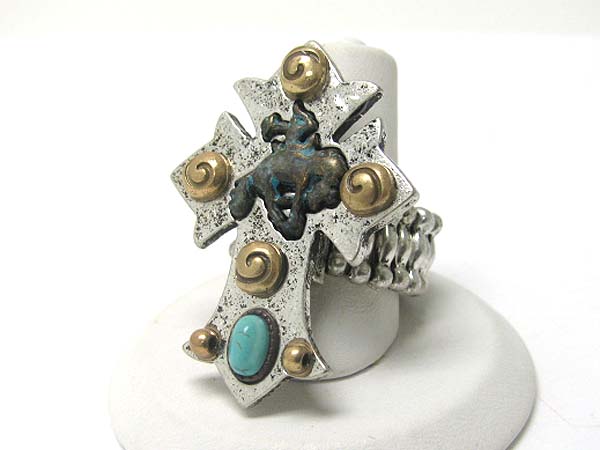 Turquoise and metal stud rodeo theme cross stretch ring