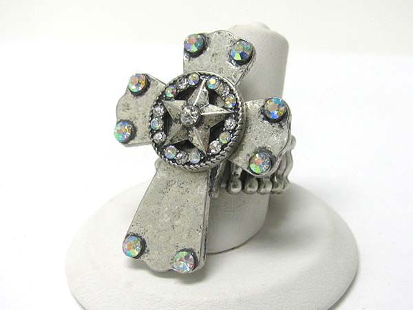 Crystal stud star antique metal cross stretch ring