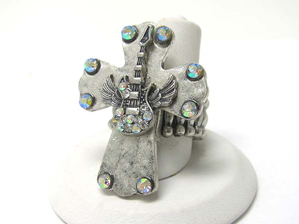 Crystal stud guitar antique metal cross stretch ring