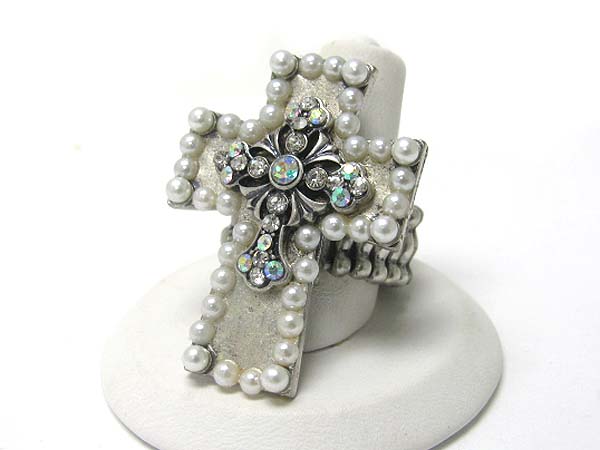 Crystal stud pearl beads antique metal cross stretch ring