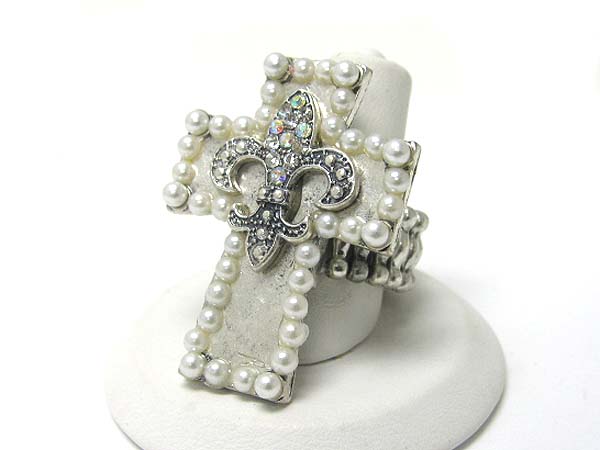 Crystal stud fleur de lis pearl beads antique metal cross stretch ring