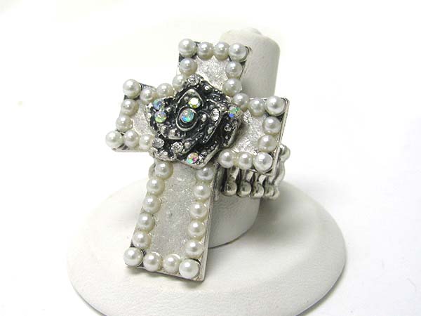 Crystal stud flower pearl beads antique metal cross stretch ring