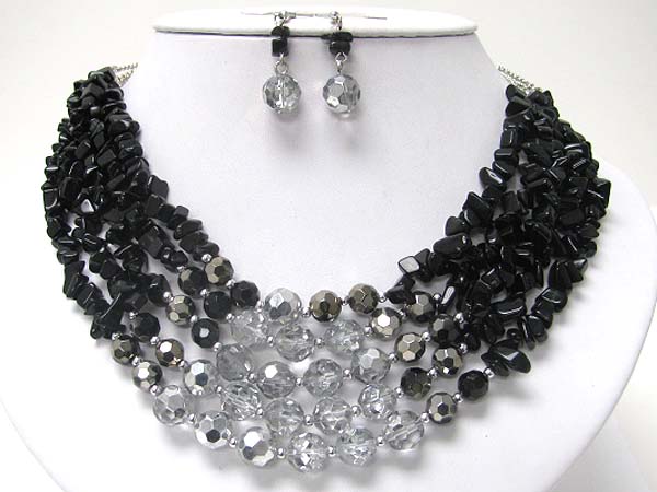 Multi strand natural chip stone and facet glass necklace earring set