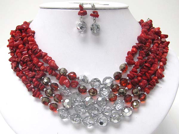 Multi strand natural chip stone and facet glass necklace earring set