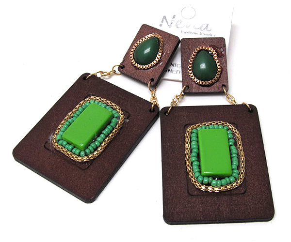 Wooden and acryl double square fashion style drop earring 