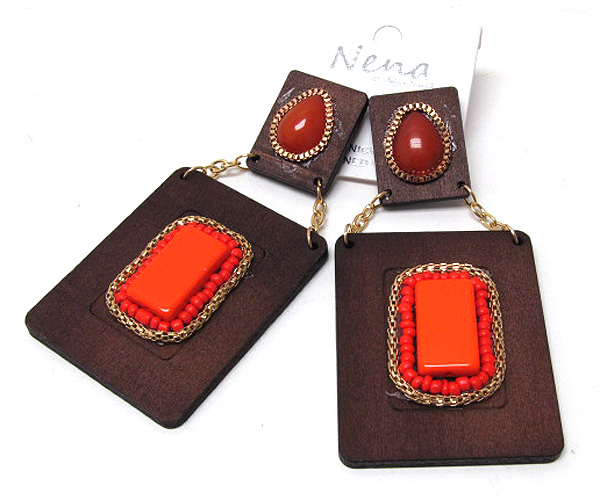 Wooden and acryl double square fashion style drop earring