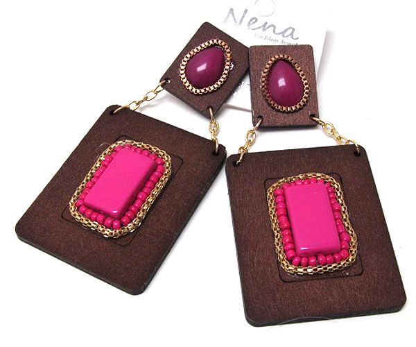 Wooden and acryl double square fashion style drop earring