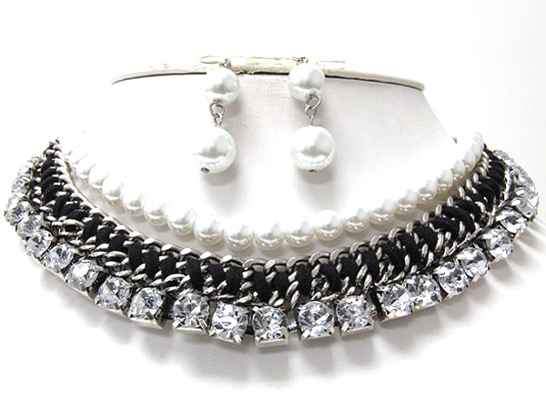 Crystal and braided metal chain with fabric and pearl necklace earring set