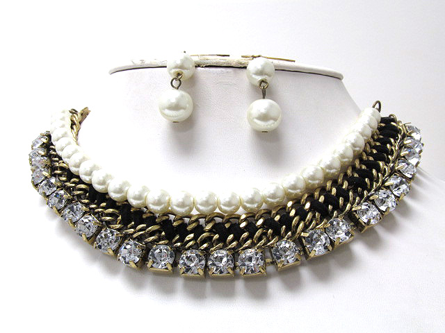 Crystal and braided metal chain with fabric and pearl necklace earring set