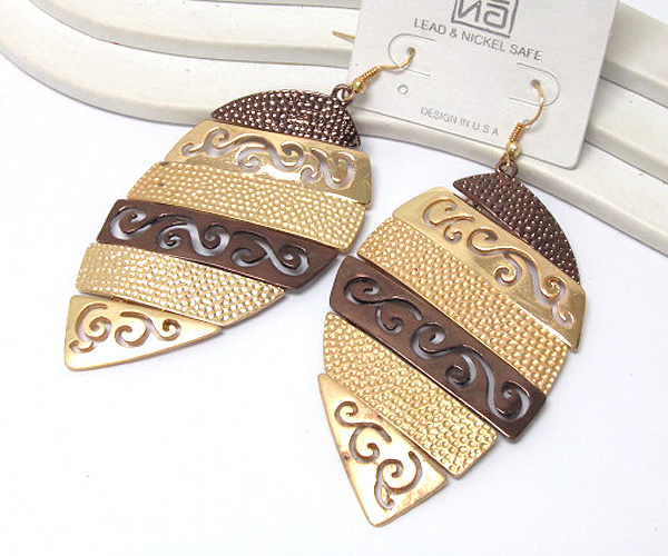 Multi pebble and cut out curve on fashion patern metal leaf drop earring