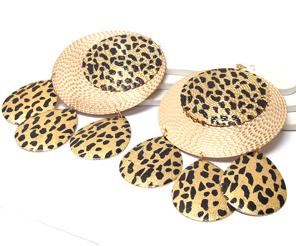 Animal print large and double metal disk with drop metal dangle tear drop earring