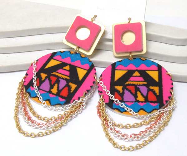 Fashion acryl cut out square drop round azteca print drop multi chain drop earring -western