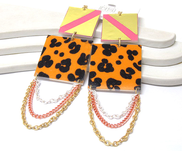 Double fashion square and animal print with drop multi chain earring