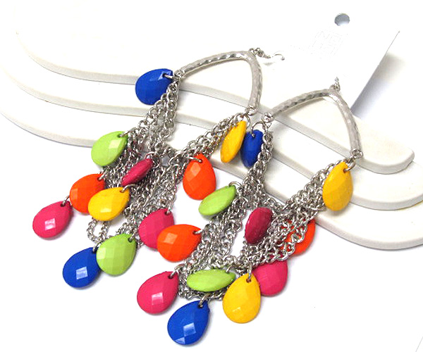 Metal hammerd triangle drop multi fashion colorful acryl tear drop and chain drop earring 