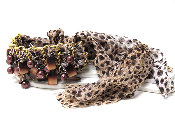 Multi pearl and shell on metal fashion fabric print leopard wrap scarf bracelet