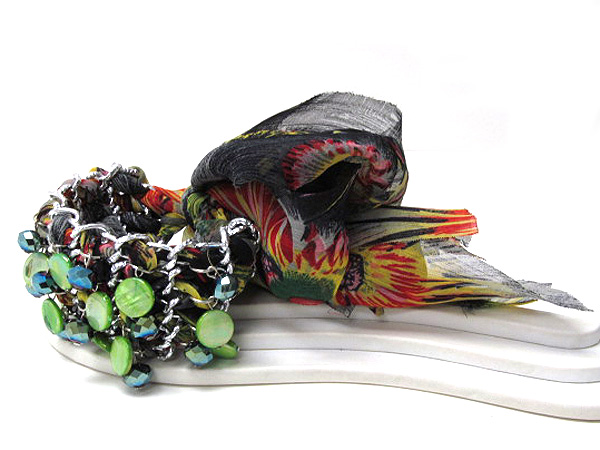 Multi colorful crystal glass and shell disk on metal fashion fabric print flowers  wrap scarf bracelet